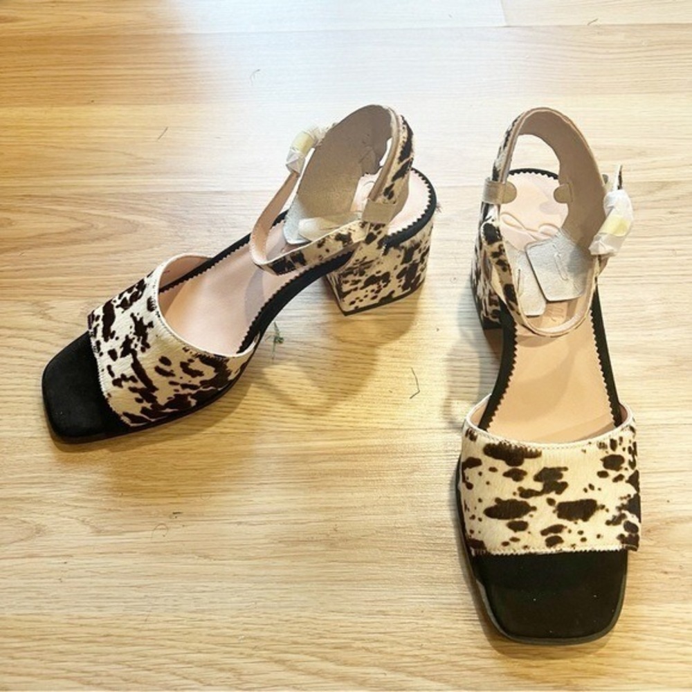 J.Crew Cow Print Calf Hair Block Heel Sandals Square Toe Brown White Womens 8 - Picture 5 of 11